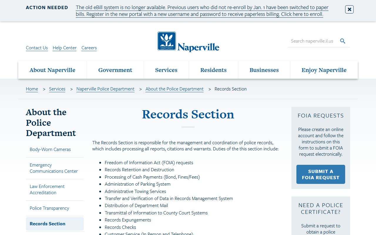 Naperville Police Department records section for jail mugshots requests