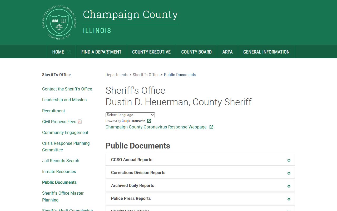 Champaign County public documents page for jail mugshots and arrest logs