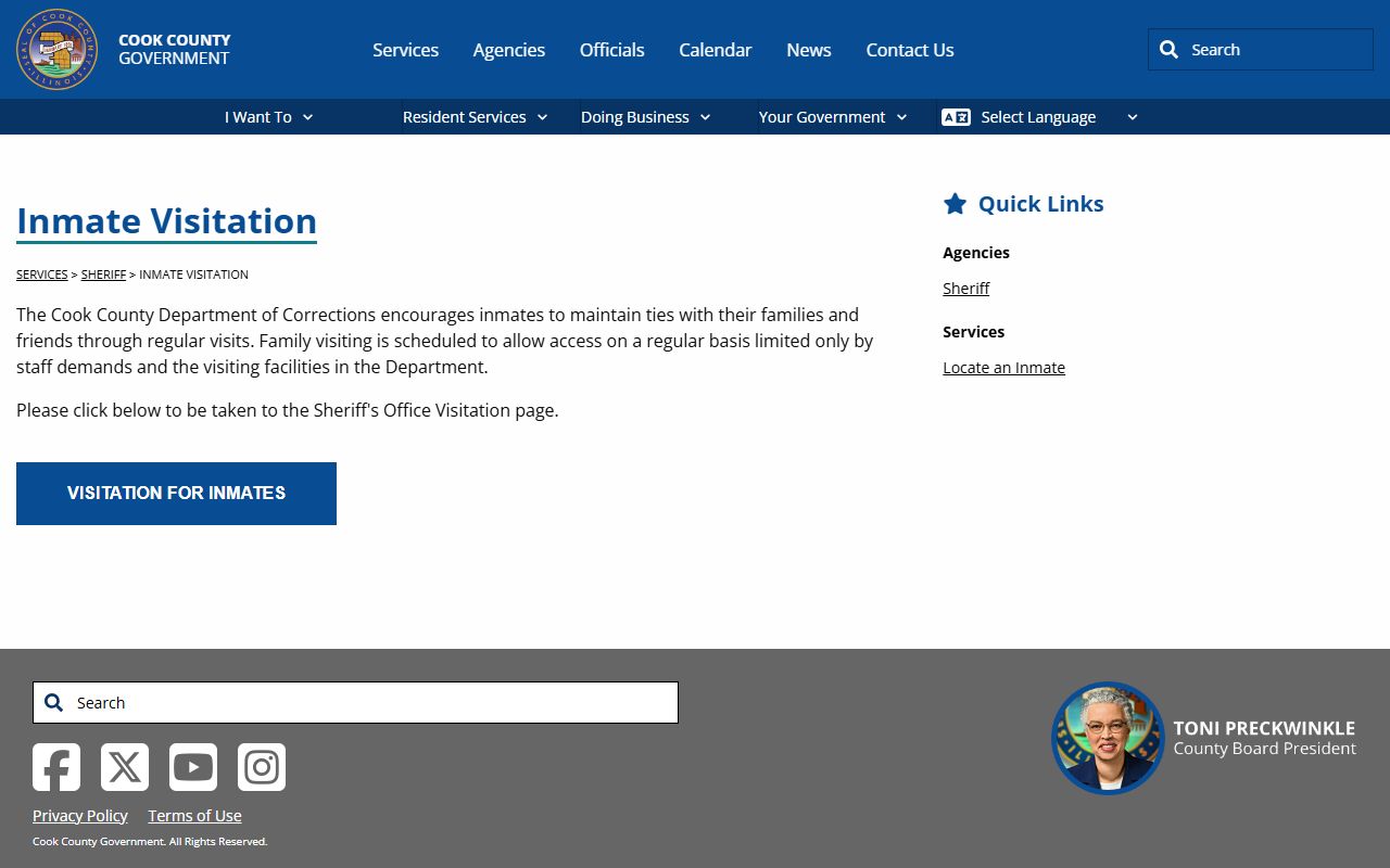 Cook County jail inmate visitation information page