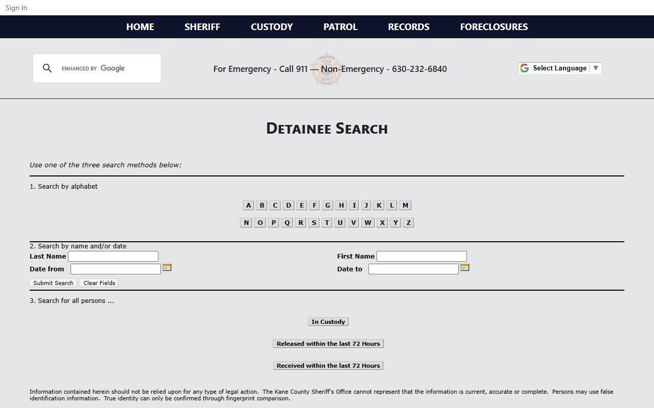 Kane County detainee search page for jail mugshots