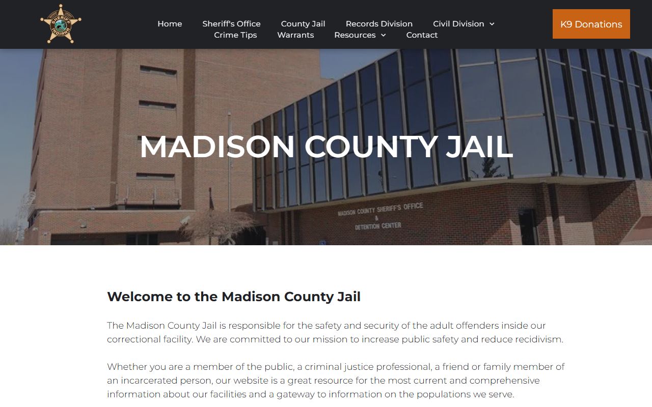 Madison County jail information page for booking records and mugshots
