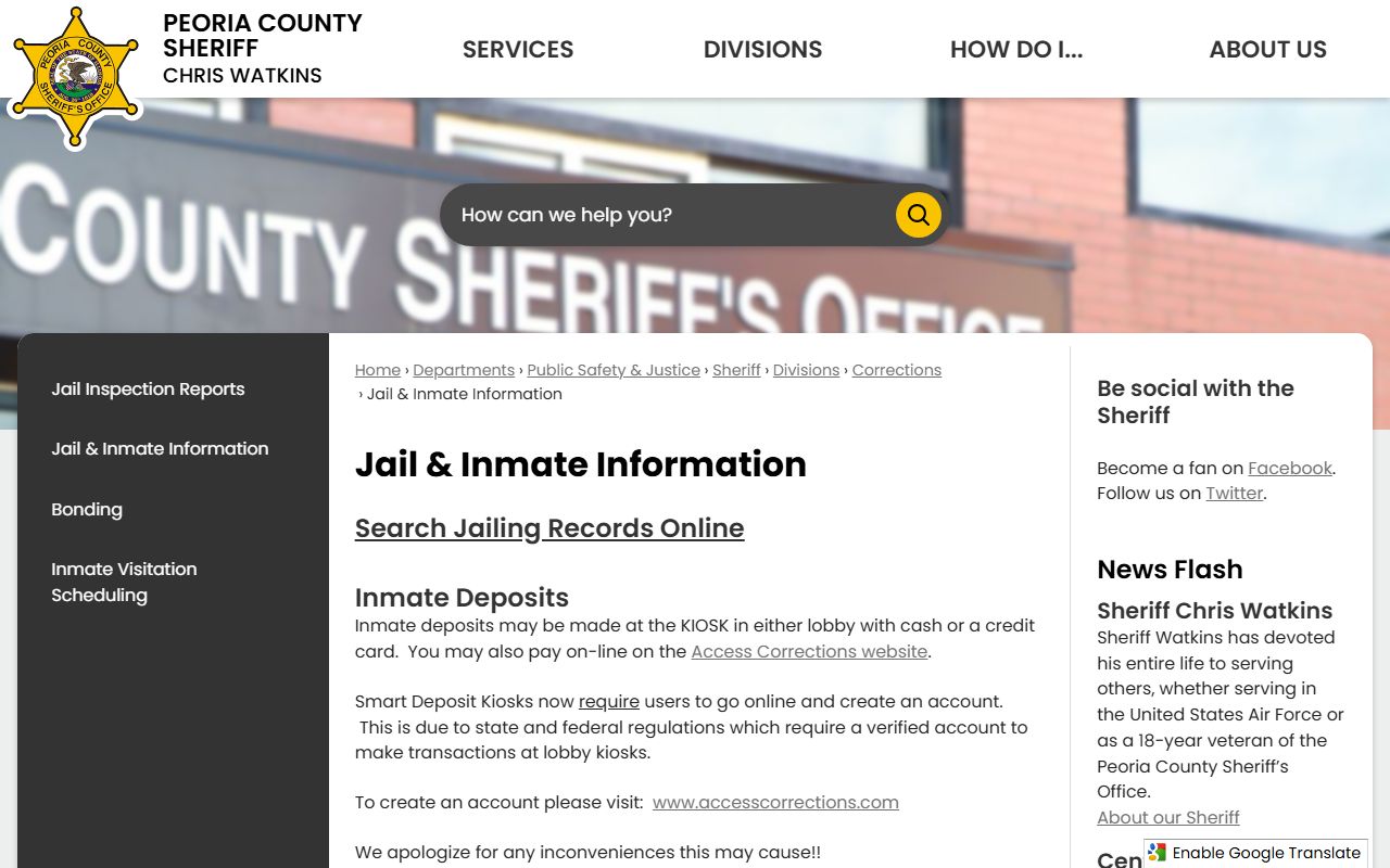 Peoria County jail inmate information page for jail mugshots