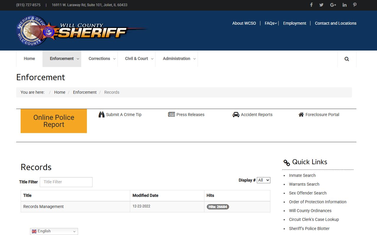 Will County Sheriff records page for jail mugshots