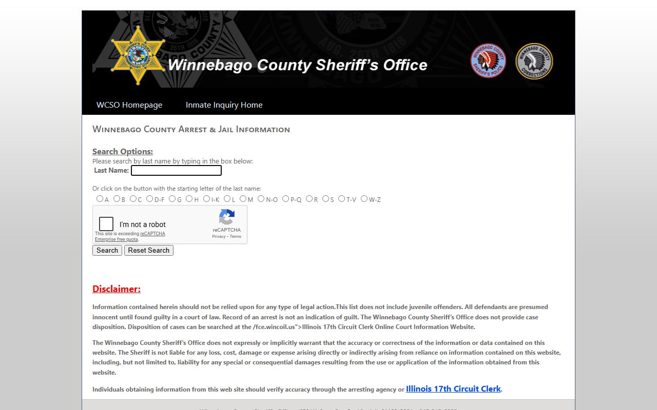 Winnebago County inmate inquiry search for jail mugshots