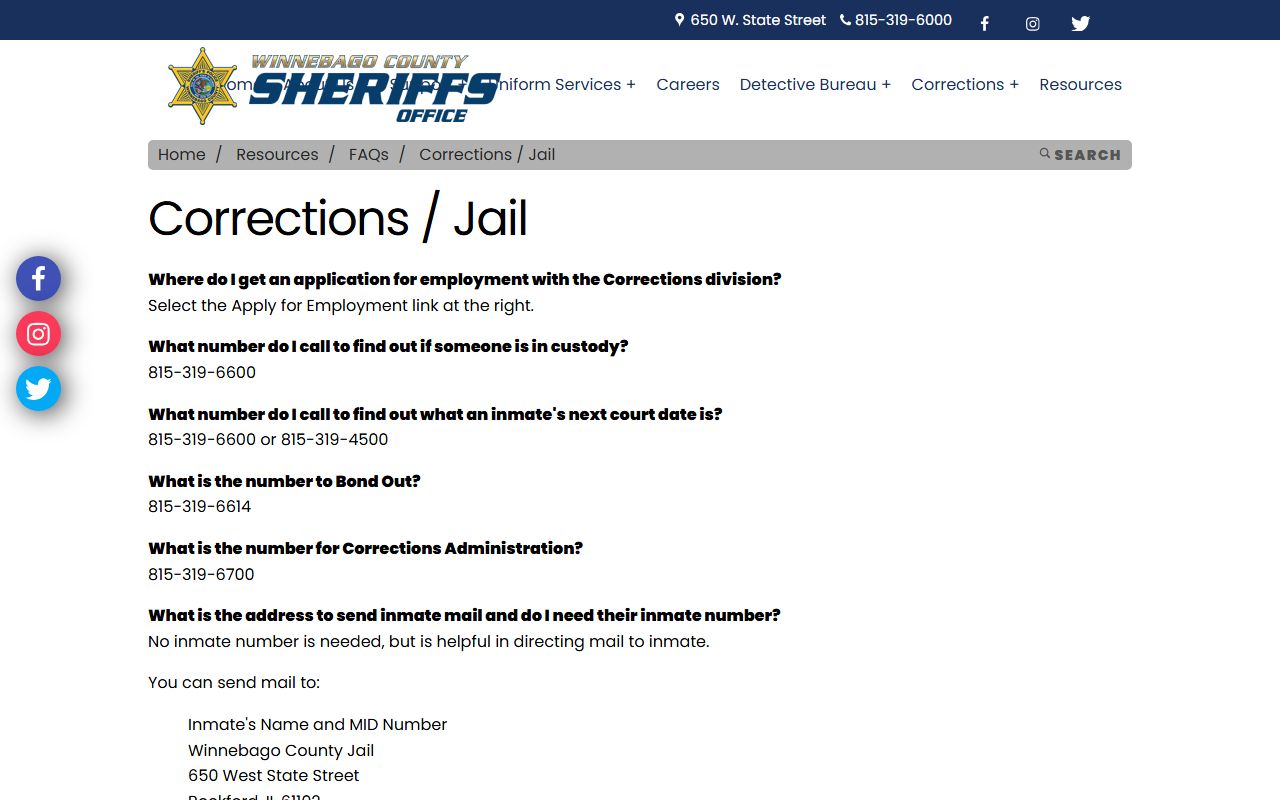 Winnebago County jail information page for mugshots and booking data