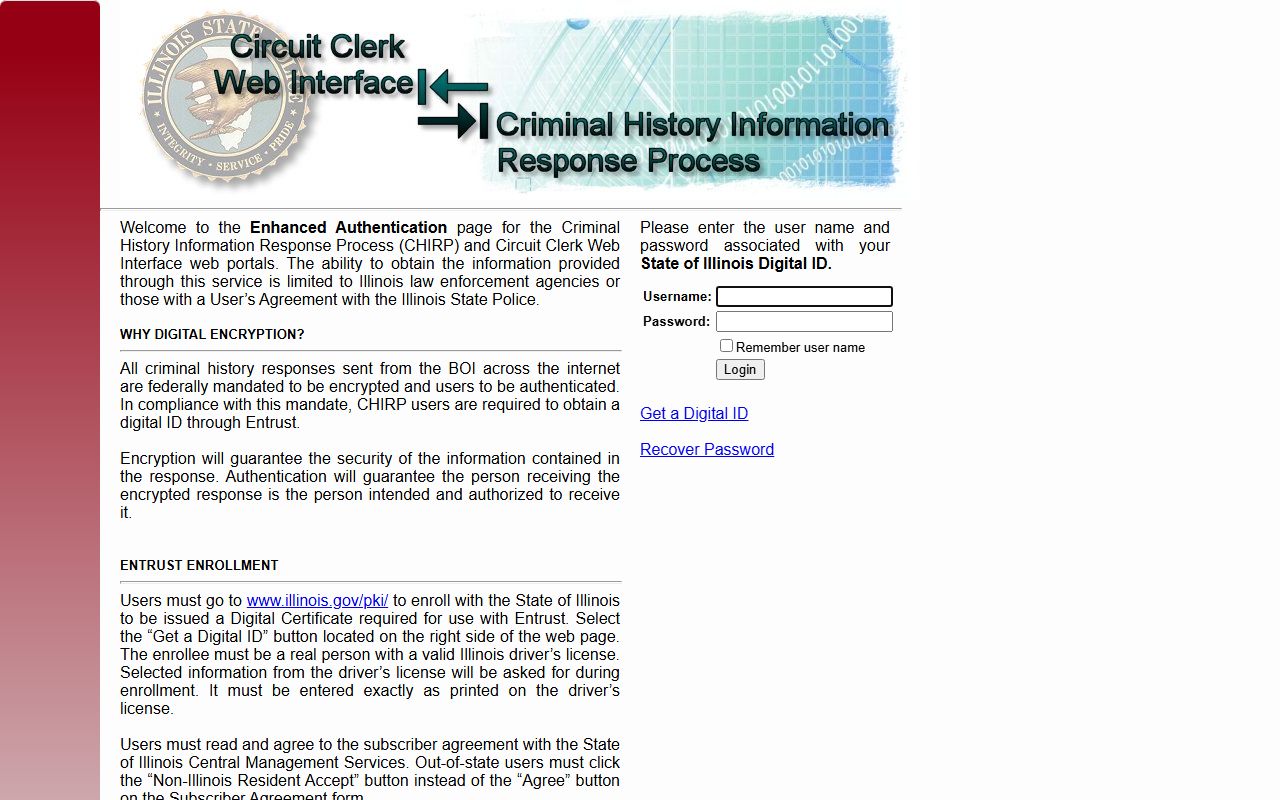 Illinois CHIRP system login page for criminal history records related to jail mugshots