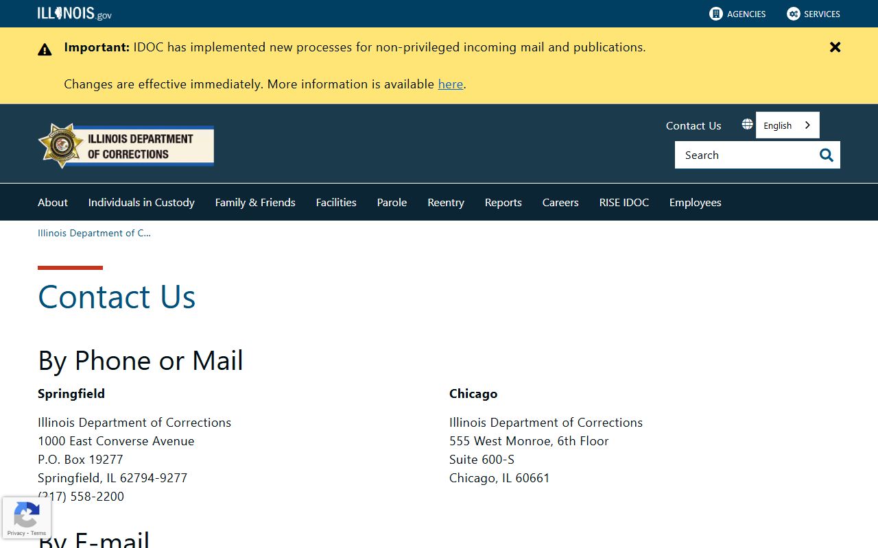Illinois Department of Corrections contact page for jail mugshots inquiries